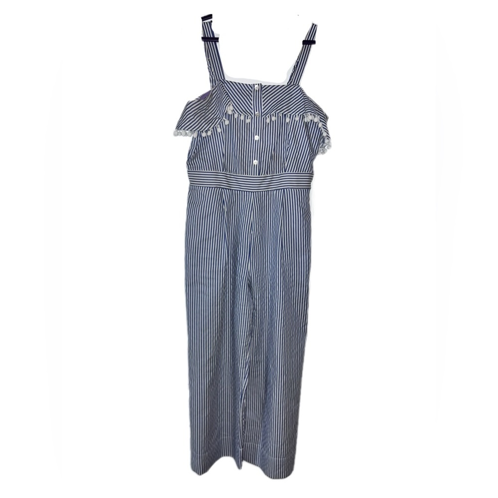 BLUE AND WHITE STRIPPED JUMPSUIT WITH RUFFLE DETAILING